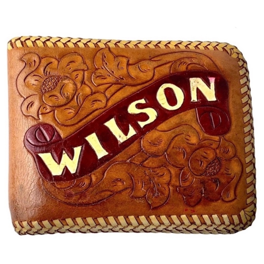Vintage Tooled Tan and Brown Leather Handmade Bi Fold Wallet
